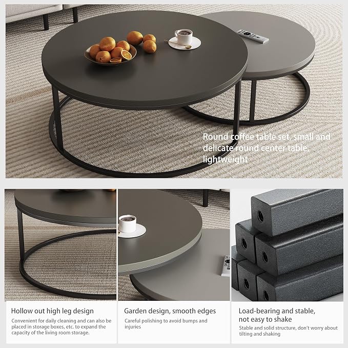2-Piece Round Nesting Coffee Tables – Walnut Wood Top - Image 4