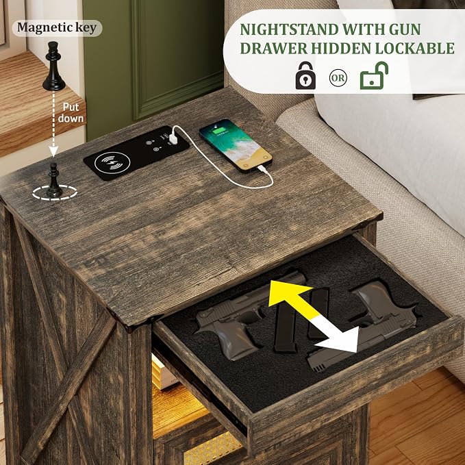 Night Stand Set 2 with Gun Drawer, Bedside Table with Charging Station - Image 3