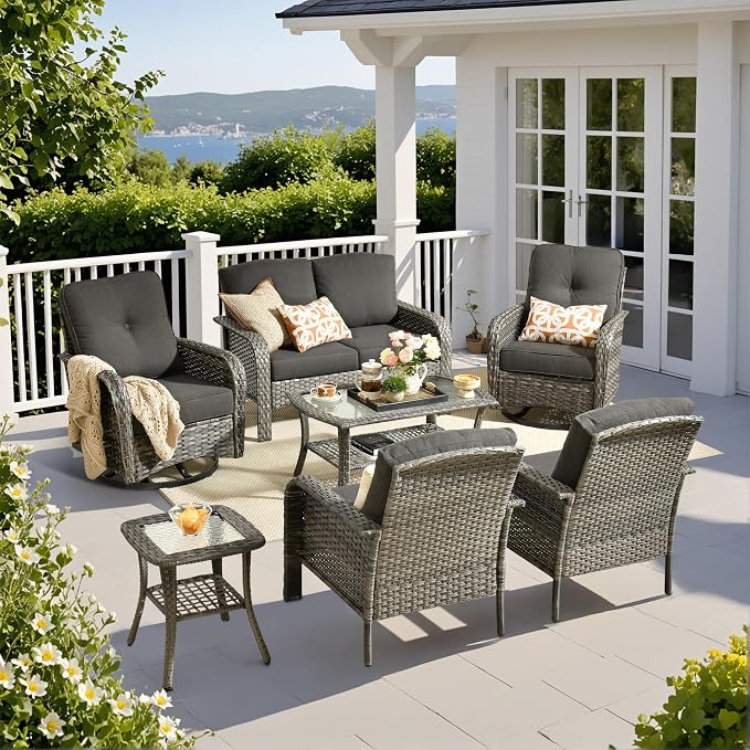 Weaxty 7 Pieces Patio Furniture Set, Wicker Outdoor Swivel Rocking Chairs by Eco-ChicLivingBeautifullyAffordable