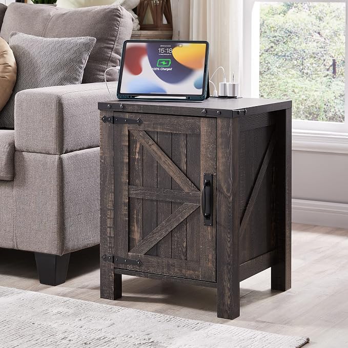 OKD Nightstand with Charging Station, 18 Inch Farmhouse End Table with Barn by OKD