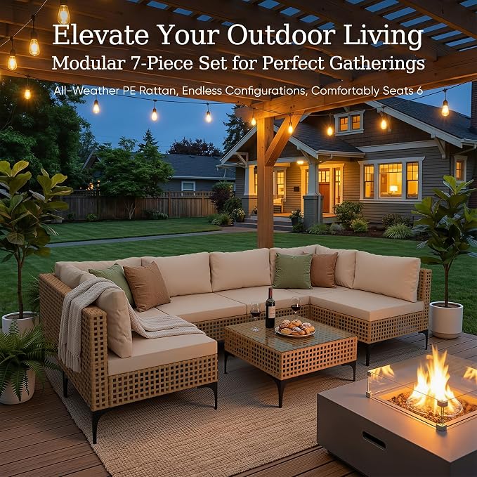 Devoko Patio Furniture Set, 7 Pieces Outdoor Wicker Sectional Couch - Image 9