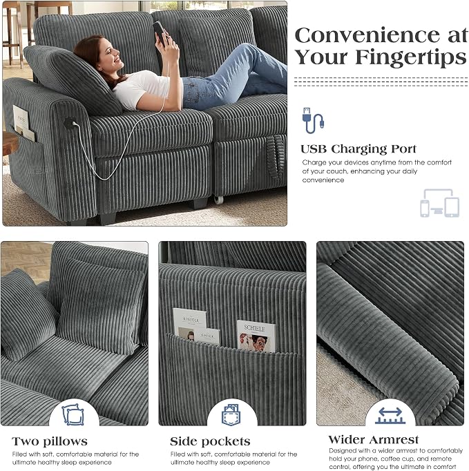 Ihanherry 81-inch Corduroy Modular Sectional Sofa Bed - Image 6