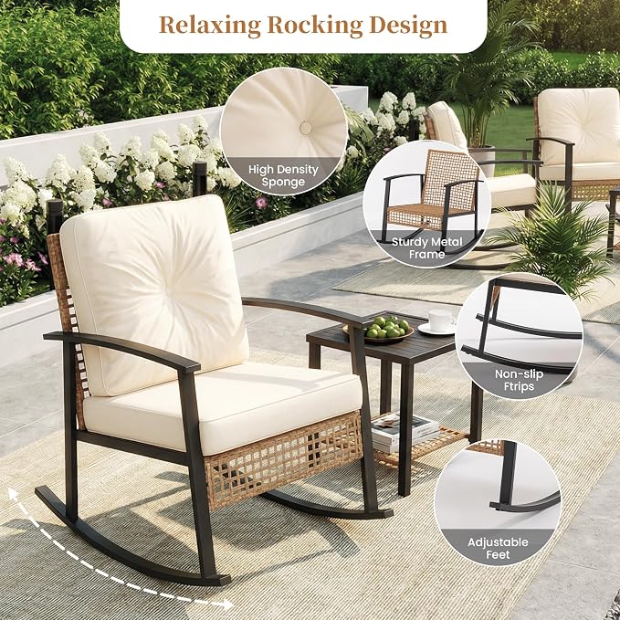 COSIEST 3-Piece Outdoor Rocking Chairs Bistro Set, Rattan Patio Furniture - Image 2
