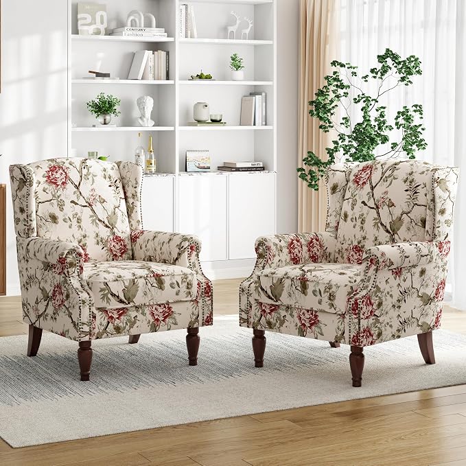 Pia Ricco Set of 2 Floral Accent Chairs, High Back Upholstered Armchairs by PiaRicco