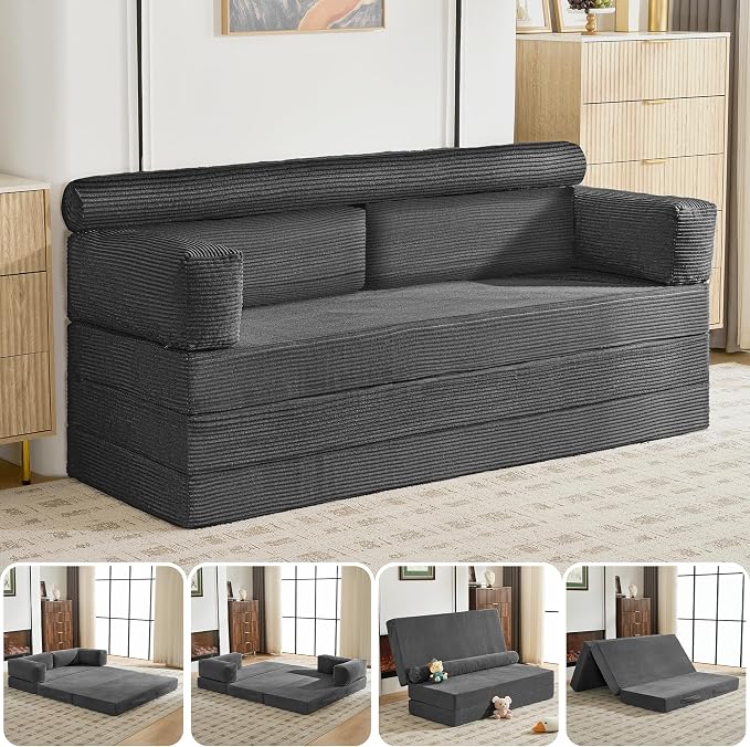 5-in-1 Convertible Sofa Bed, Corduroy Futon Couch Sleeper by HRYJ%EF%BC%9AFurnitureEssentials