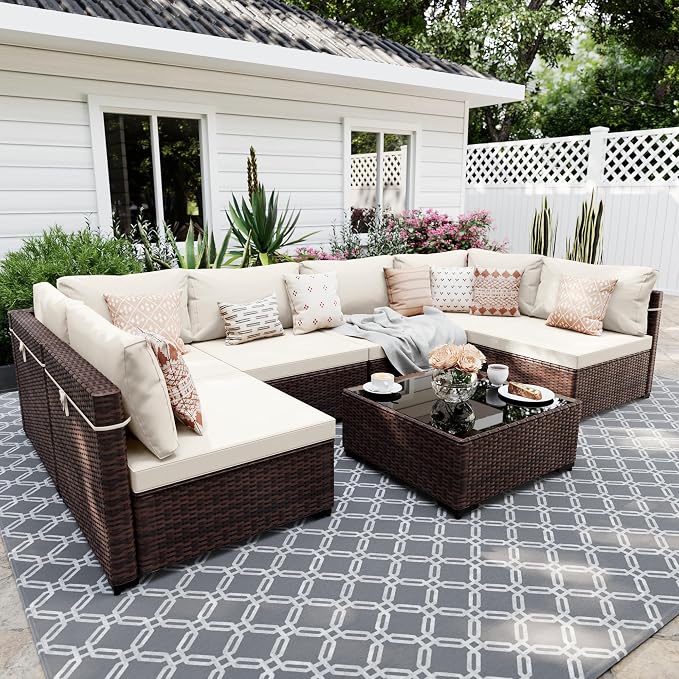 UPHA 7 Pieces Patio Furniture Sets, Wicker Outdoor Sectional Sofa Couch by UPHA
