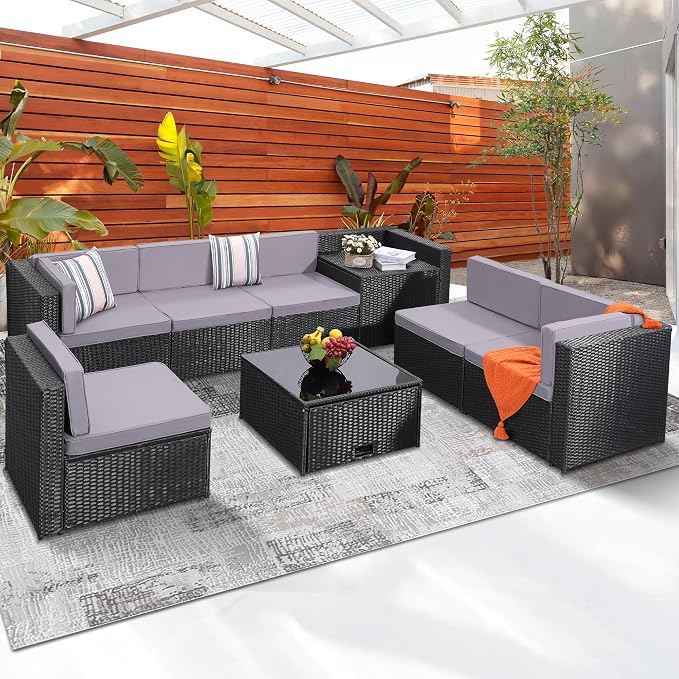 KROFEM 8-Piece Patio Furniture Set, Outdoor Wicker Rattan Sectional by KROFEM