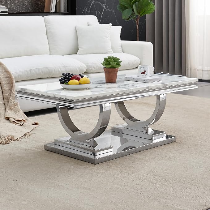 Henf 47" Marble Coffee Table Modern White Faux Marble Center Table by Henf