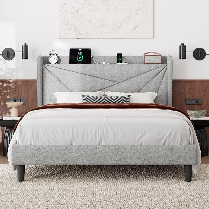 Feonase Full Bed Frame with Charging Station, Linen Upholstered Platform by FEONASE