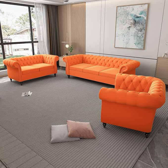 ORRD 3 Piece Living Room Set, Velvet Chesterfield Sofa Loveseat Couch Chair - Image 9
