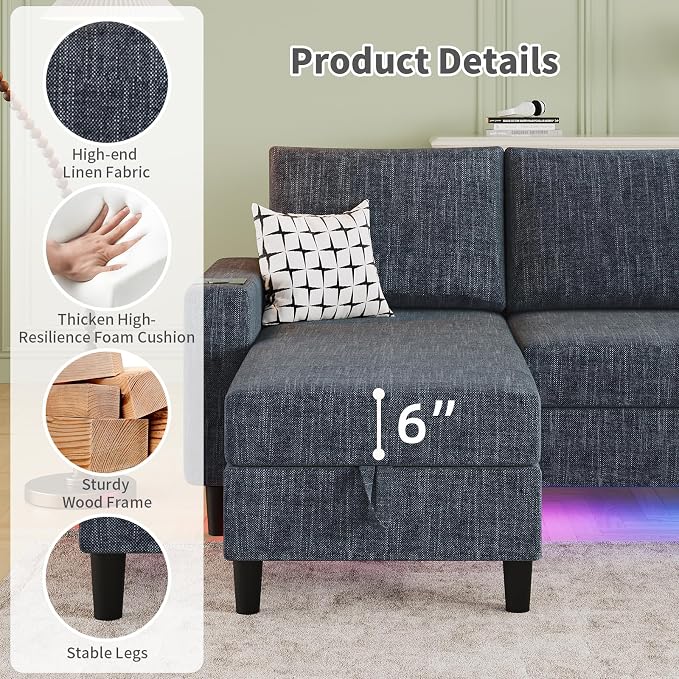 Sectional Couches for Living Room, 6-Seats Soft Linen Fabric Sectional Sofa - Image 7