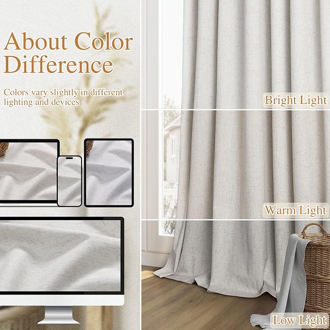 Guken Natural Extra Long 100% Black Out Curtains 120 Inch Length 2 Panels Set - Image 7