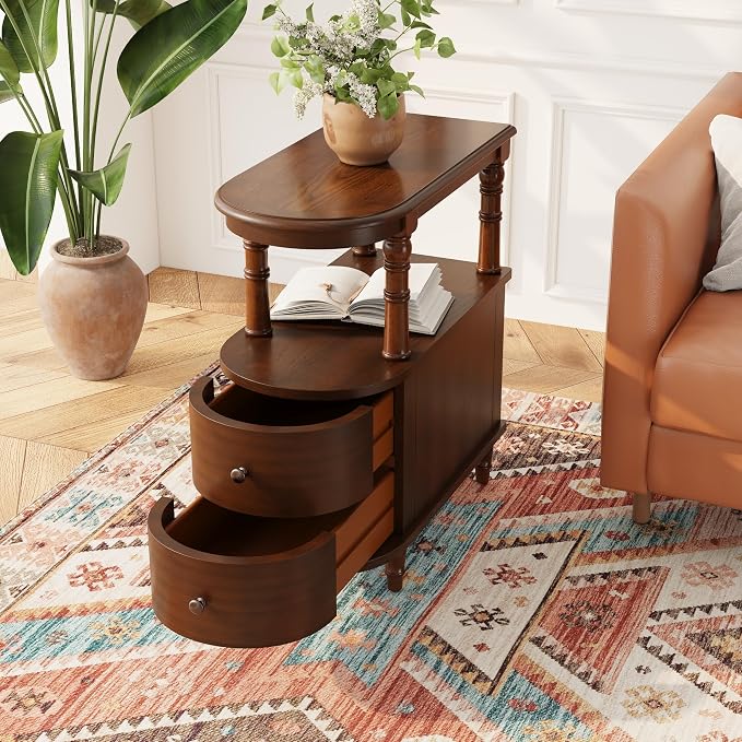 Narrow End Table Set of 2 with 2 Storage Drawers, Vintage Sofa Beside Table - Image 9