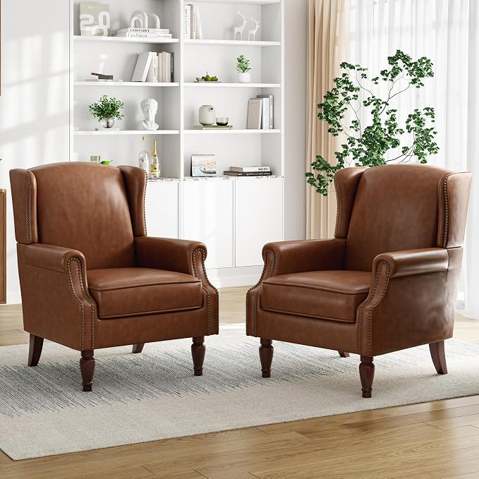 Pia Ricco Set of 2 Faux Leather Accent Chairs, High Back Wingback Armchairs by PiaRicco