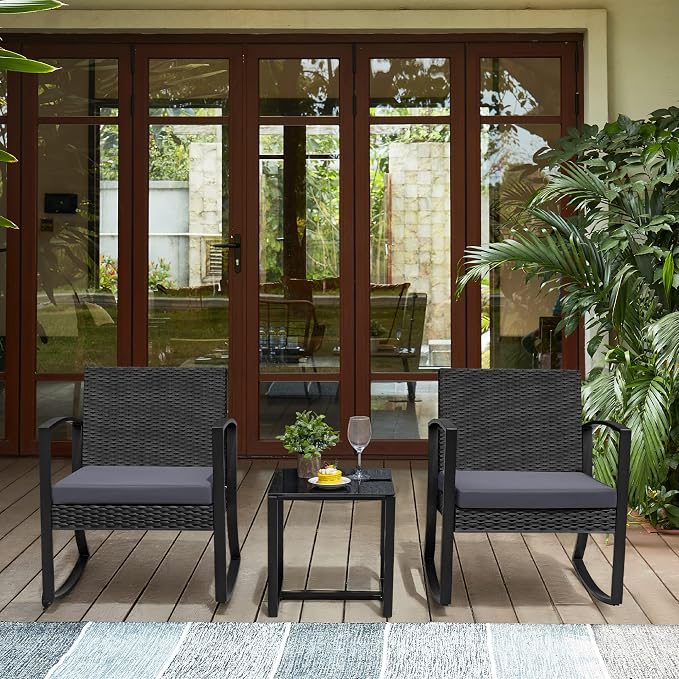 Greesum 3 Pieces Outdoor Furniture Set Patio Bistro Rocking Chairs - Image 2