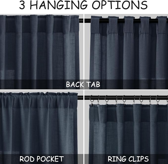 Nanspring Vintage Blue Linen Curtains 102 Inches Long Rod Pocket Back Tab - Image 2