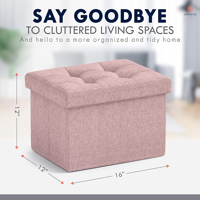 Ornavo Home Small Storage Ottoman, Foldable Collapsible Rectangle Linen Ottoman - Image 2