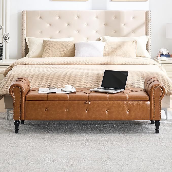 Storage Bench for Bedroom, Faux Leather 67" End of Bed Bench, King Size Bench - Image 4