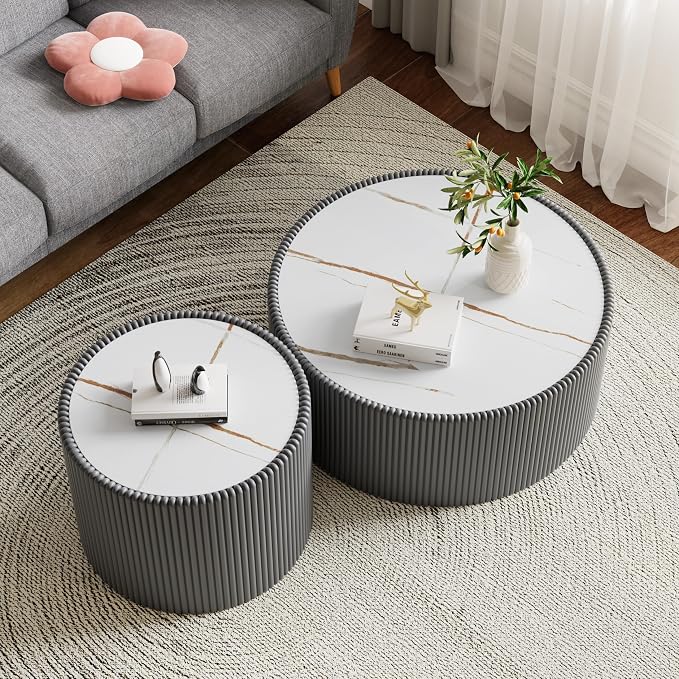 Round Marble Coffee Table Set of 2, 2 Piece White Coffee Table and End Table Set - Image 4