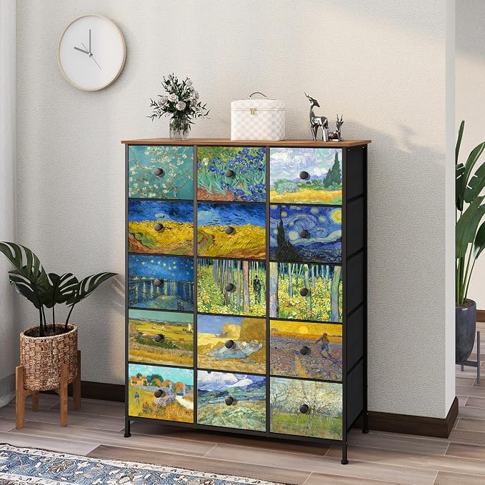 EXOTICA Large Chest of Drawers 15 Drawer Dresser Van Gogh Tall Fabric Dresser - Image 3