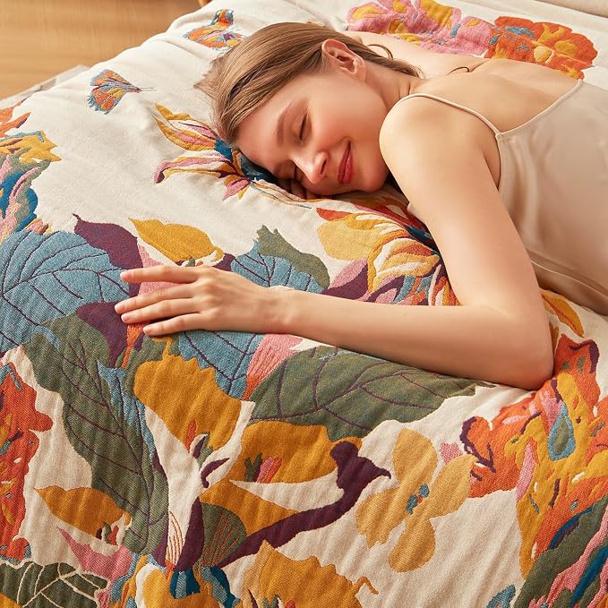 LUTBM Boho Throw Blanket for Bed 100% Cotton Soft Lightweight Quilt Floral - Image 9