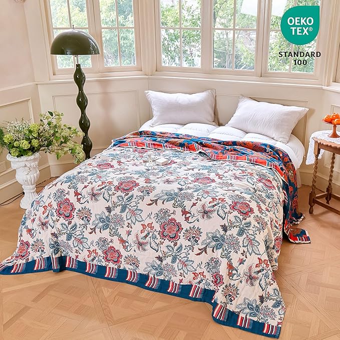 MSGKV Boho Throw Blanket 60"x80" 100% Cotton Floral Blanket - Image 6
