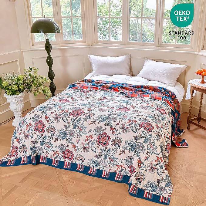 MSGKV Boho Throw Blanket 50"x60" 100% Cotton Floral Blanket - Image 6