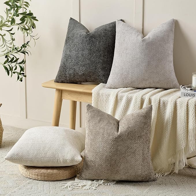 Volcanics Boho Throw Pillow Covers 18x18 Set of 4, Neutral Chenille Decorative - Image 3