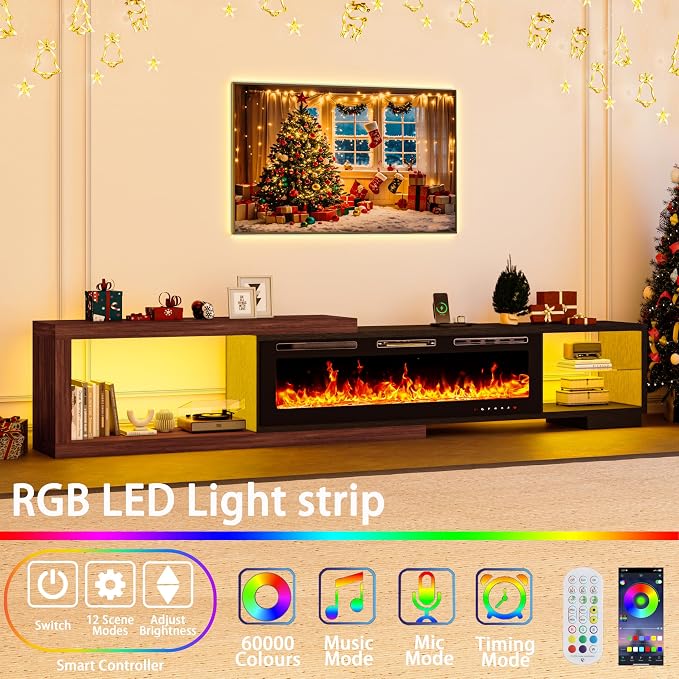 Extendable TV Stand with 50" Electric Fireplace, Modern LED Entertainment - Image 6