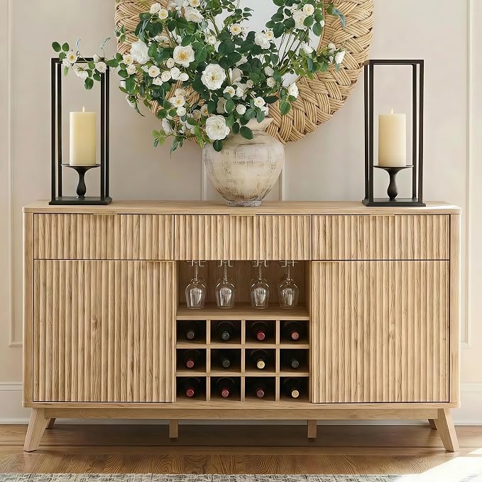 OKD Fluted Wine Bar Cabinet, 3 Drawers, 4 Glass Holders & 12 Wine Racks - Image 8
