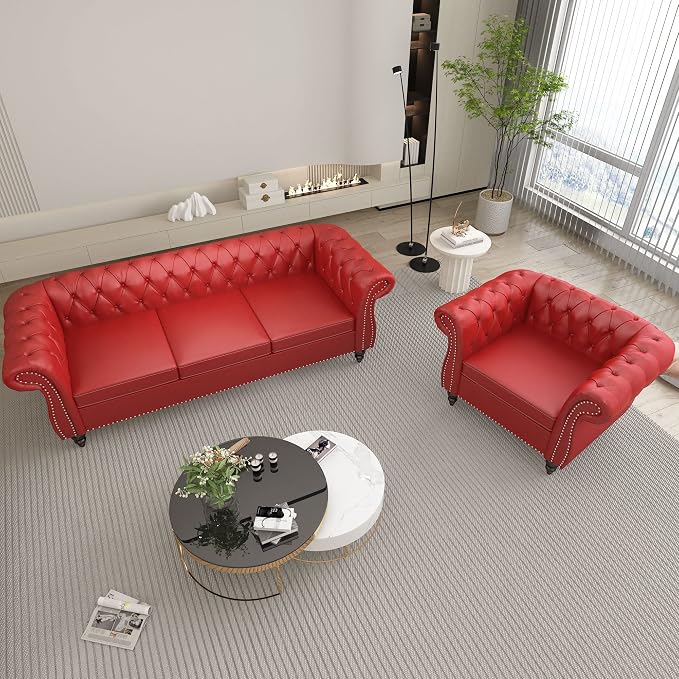 ORRD 2 Piece Living Room Set, Chesterfield Leather Sofa Loveseat Couch Chair - Image 8