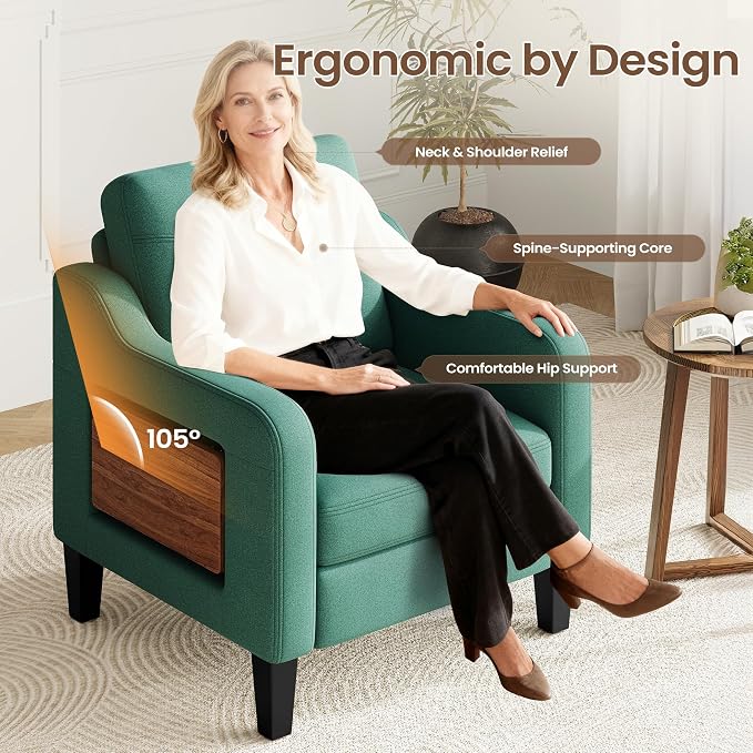 Accent Chair for Living Room Modern Linen Upholstered Armchair Side Wooden - Image 5