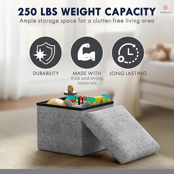 Ornavo Home Small Storage Ottoman Foldable Collapsible Cube Square Linen - Image 7