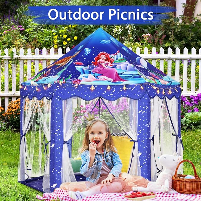 Monobeach Mermaid Princess Tent Girls Blue Large Playhouse Kids Castle Play Tent - Image 6