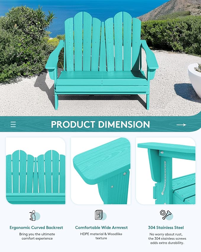SERWALL Folding Adirondack Bench, HDPE All-Weather Adirondack Loveseat Set of 2 - Image 6