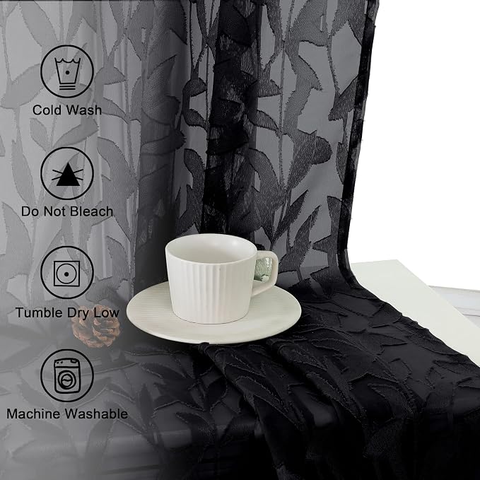 Lecloud Leia Black Valances Sheer Cafe Curtains 24 Inch Length 2 Pieces - Image 9
