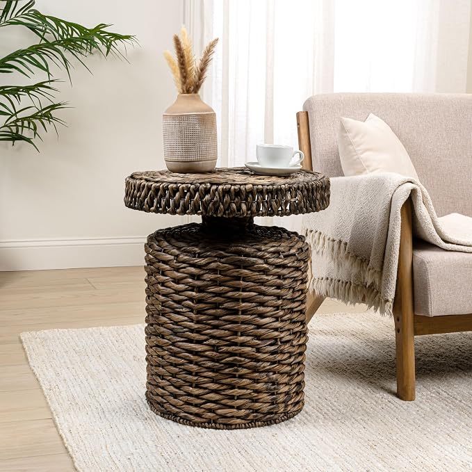 JONATHAN Y Marisol 24" Round Brown Woven Water Hyacinth Side Table - Image 2