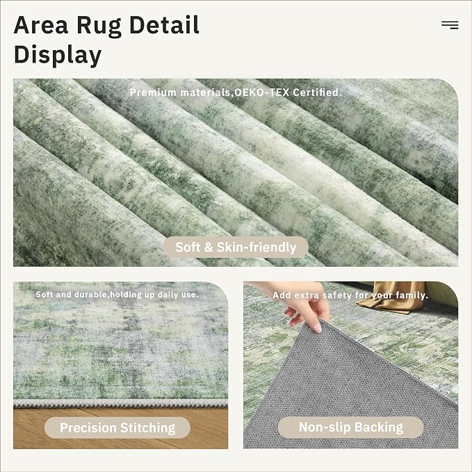 Abstract Rug 5x7 Machine Washable Area Indoor Green Low Pile Non-Slip Foldable - Image 6