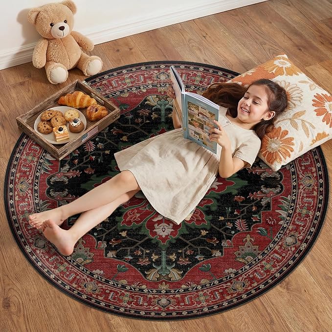 RELEANY Area Rugs Round 4ft Washable Non-Slip, Floral Vintage Distress Print by RELEANY