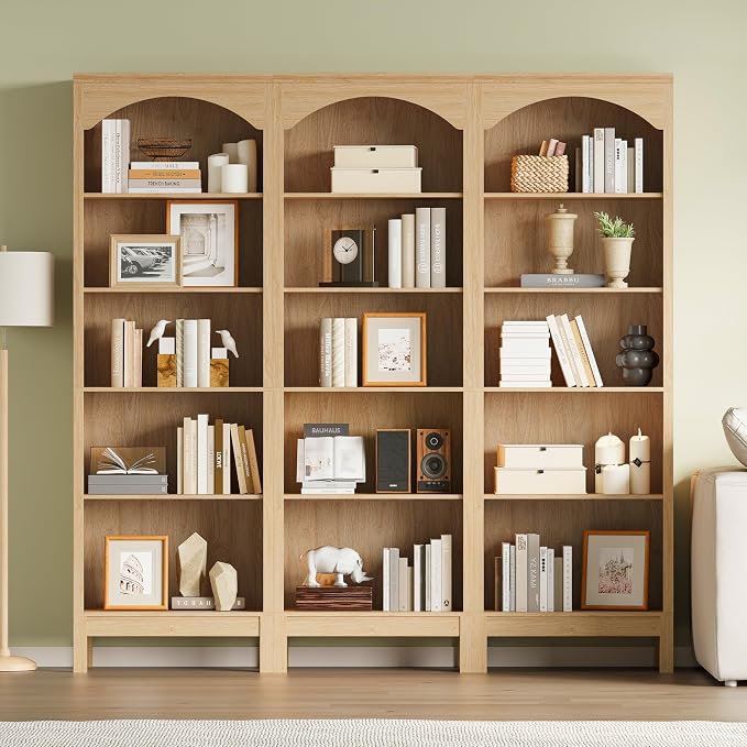 Arched Bookshelf with 5 Tier Open Shelves, Study and Living Room, Natural Oak - Image 4