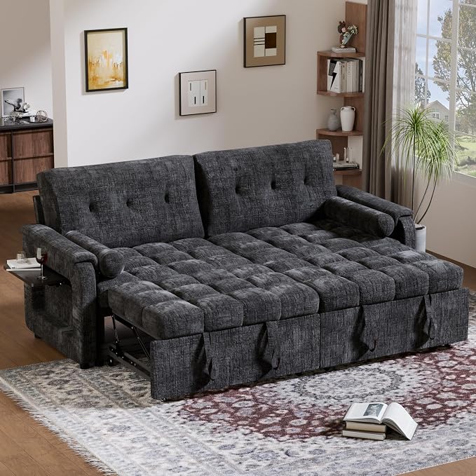 Convertible Sleeper Sofa Bed, 86 Inch Chenille Pull Out Couch by Outdoorchairs