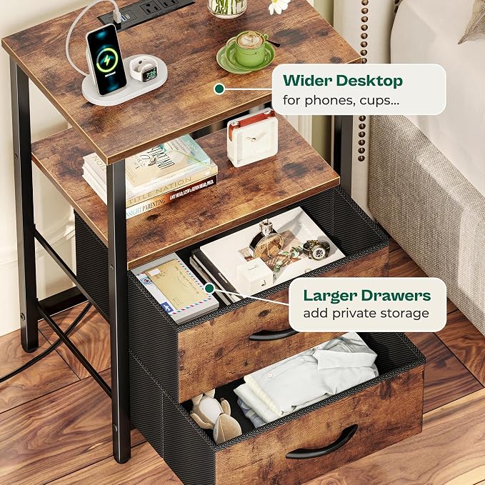 Huuger Night Stand with Charger Station and LED Lights, 2 Drawer Nightstand - Image 7