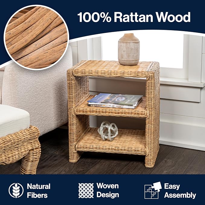 JONATHAN Y Praerie Natural Woven Rattan and Mango Wood 3-Tier End Table - Image 6