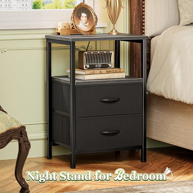 Huuger Night Stand with 2 Drawers, Bed Side Table with Open Shelf, Wooden Top - Image 4