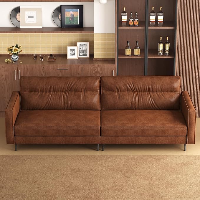 86.61" Mid-Century 3-Seater Brown Leather Sofa, Vintage Modern Couch - Image 5