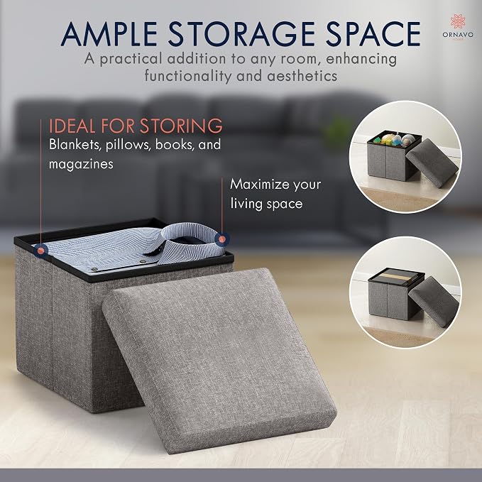 Ornavo Home Small Storage Ottoman Foldable Collapsible Cube Square Linen - Image 3