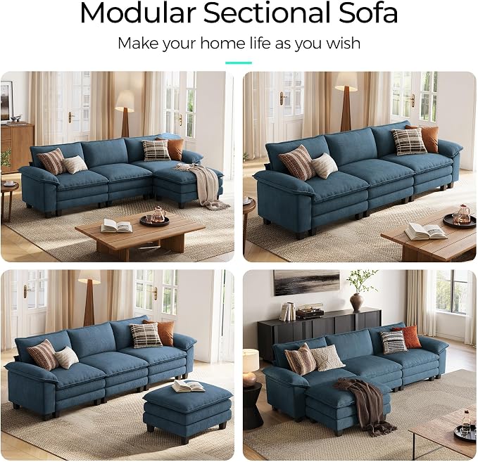 LINSY HOME 123" Modular L-Shaped Sectional Sofa, 3-Seat Corduroy Modern Cloud - Image 7