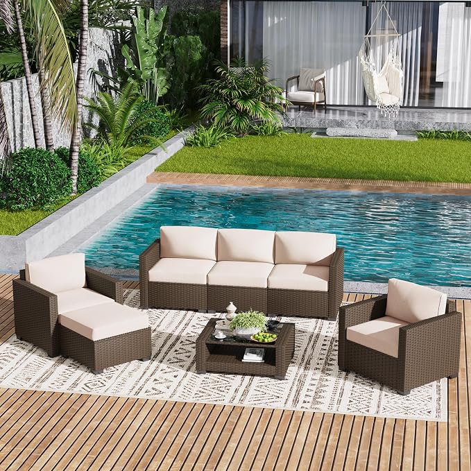 LOUVIXA 7 Piece Outdoor Patio Furniture Set, Rattan Chairs Glass Table Wicker - Image 9
