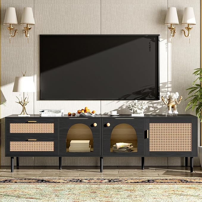 Merax Rattan TV Stand with LED Lights, Solid Wood Feet, Living Room, Bedroom - Image 2