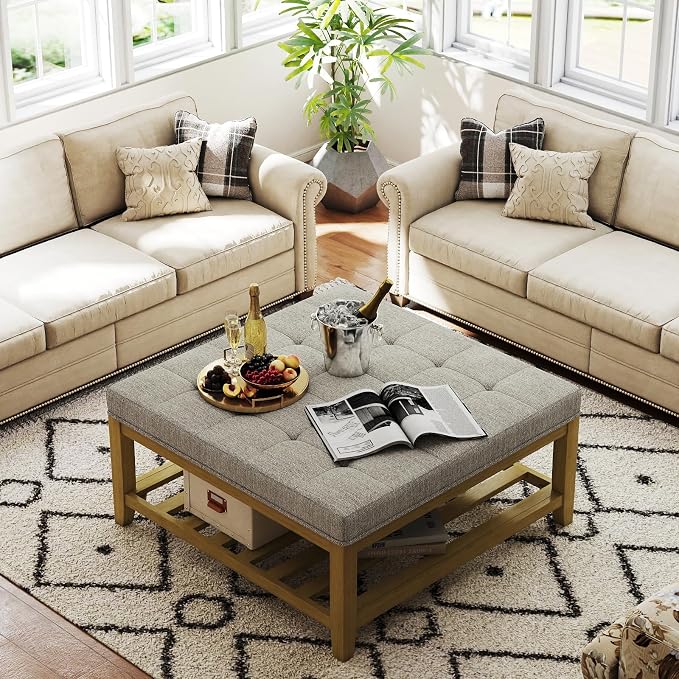 Befurtori Large Square Ottoman Coffee Table, Linen Solid Upholstered Footrest - Image 4